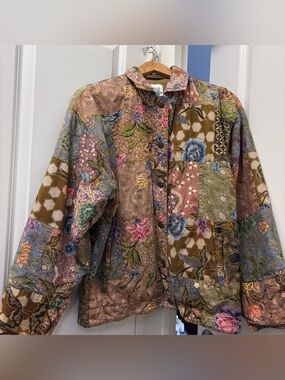 Together Patchwork Floral Quilt-Style Jean Jacket in Brown & Multicolor